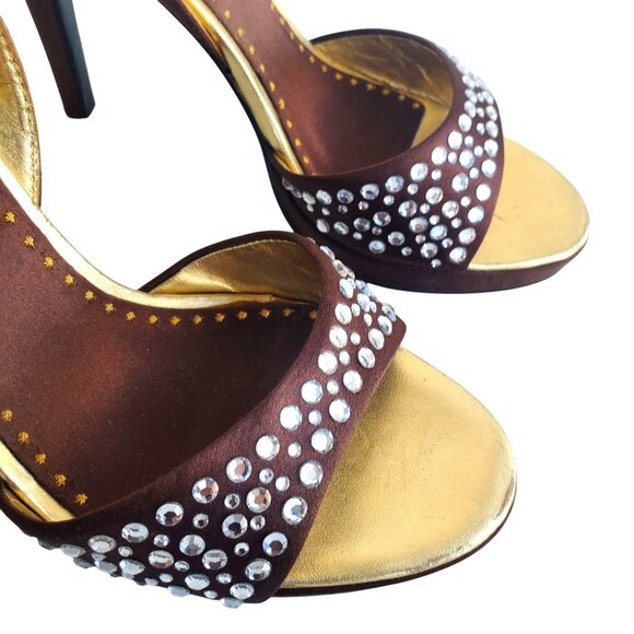 Betsey Johnson Cristie Platform Heels 7 Strappy Rhinestone Brown Gold Open Toe - Picture 13 of 13